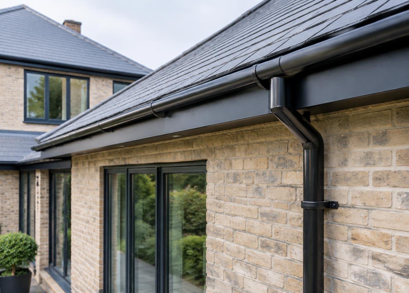 Precisely installed guttering along a newly finished Surrey roof edge