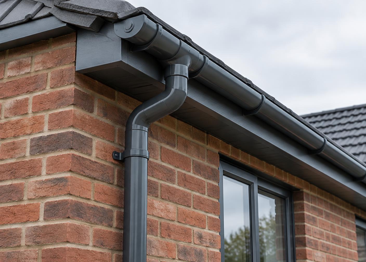 New anthracite replacement guttering and downpipe on a Surrey brick home