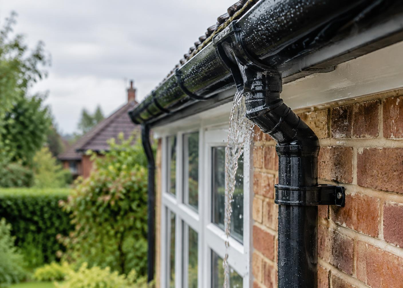 Rainwater flowing through a clean gutter outlet and downpipe