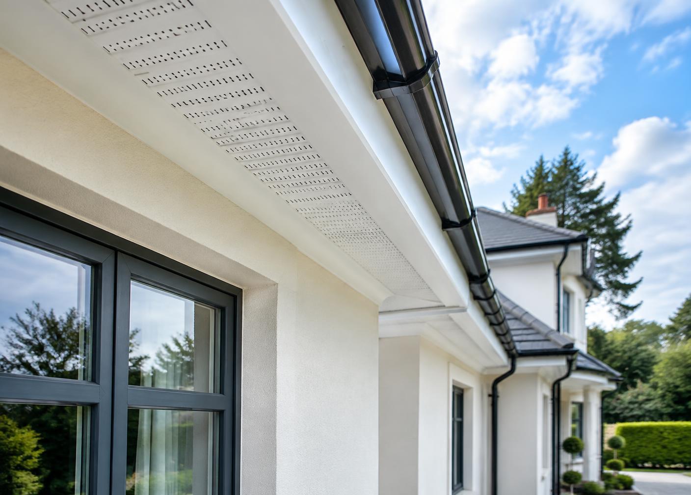Completed soffit replacement beneath a clean white Surrey roofline